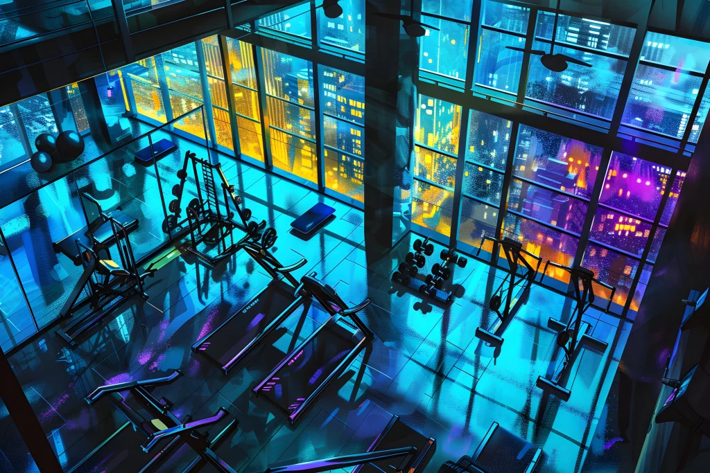 Modern high-rise gym with treadmills and weight equipment overlooking a neon-lit city skyline at night.