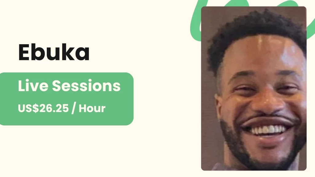 Ebuka, an online personal trainer for beginners, with his profile photo and per-session price.