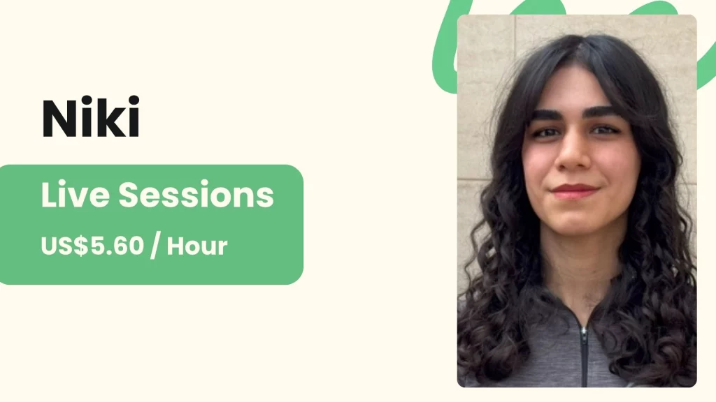 Niki, an online personal trainer for beginners, with her profile photo and per-session price.