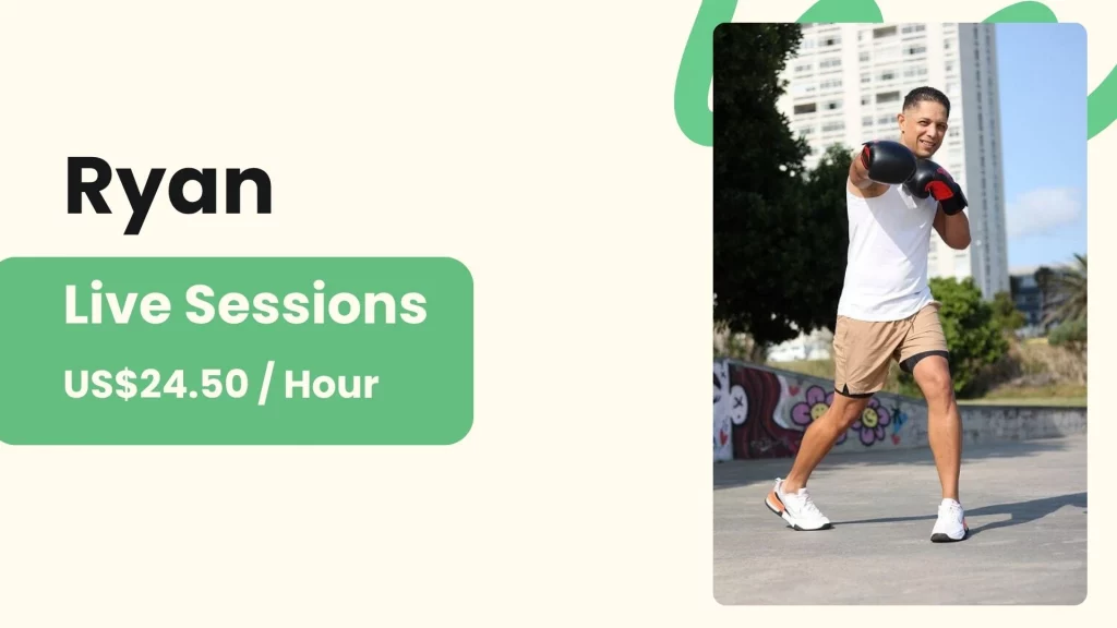 Ryan – Body Transformation Coach Ryan, an online personal trainer for beginners, with his profile photo and per-session price.