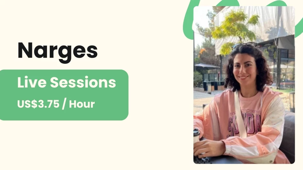 Narges, an online personal trainer for beginners, with her profile photo and per-session price.