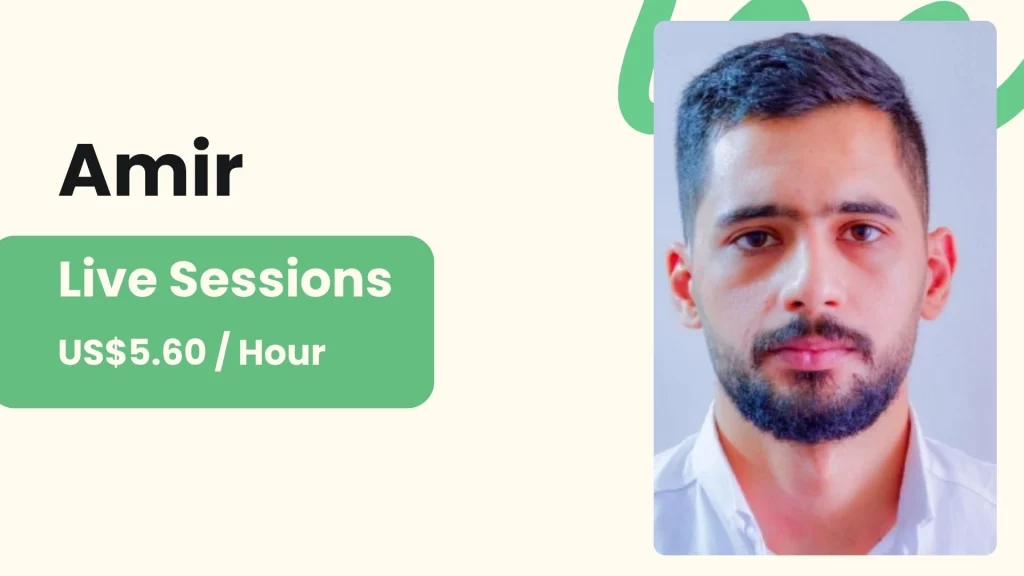 Amir, an online personal trainer for beginners, with his profile photo and per-session price.