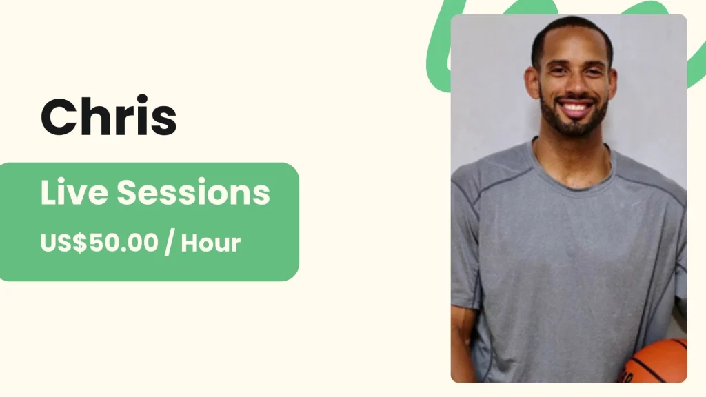 Chris – Athletic Foundations Coach Chris, an online personal trainer for beginners, with his profile photo and per-session price.