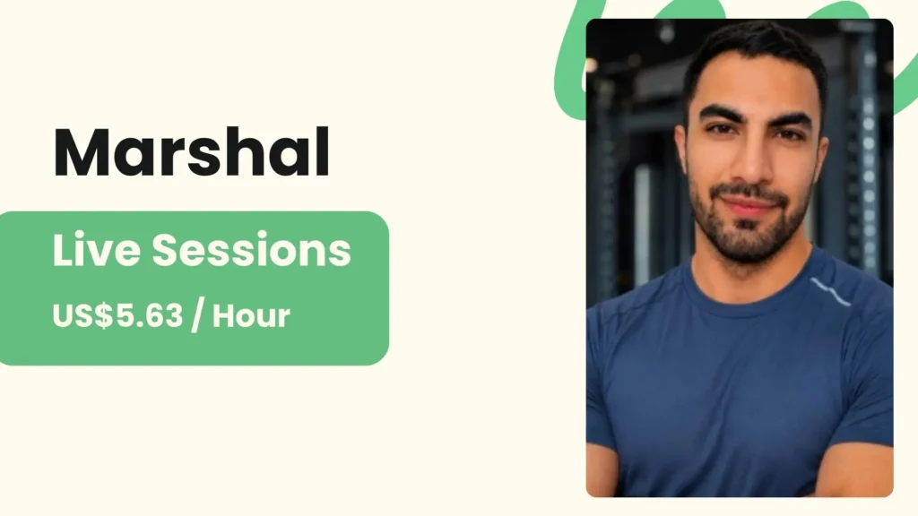 Marshal, an online personal trainer for beginners, with his profile photo and per-session price.