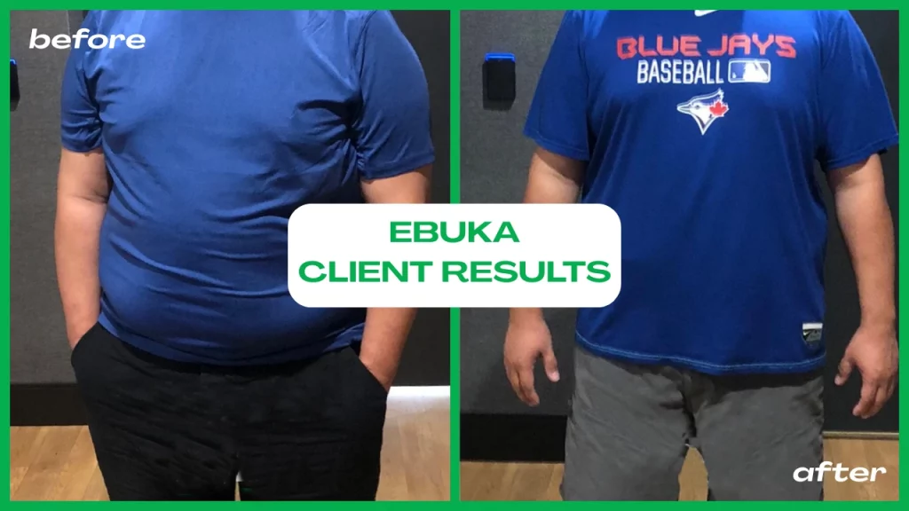 Before-and-after results from online coaching for weight loss with Ebuka
