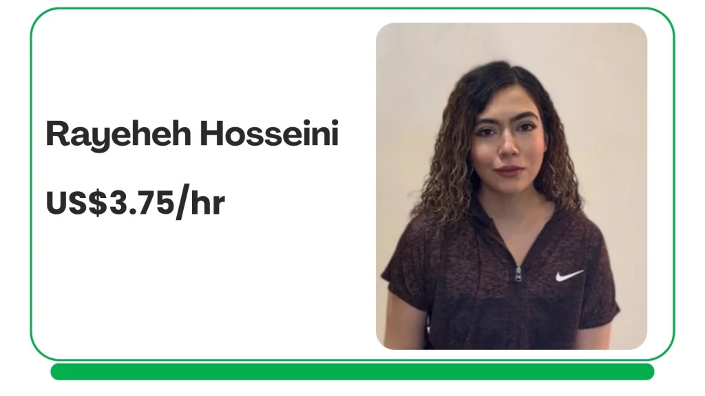 Profile card showing Rayeheh Hosseini offering beginner-friendly online private yoga sessions with calm pacing and personalized guidance.
