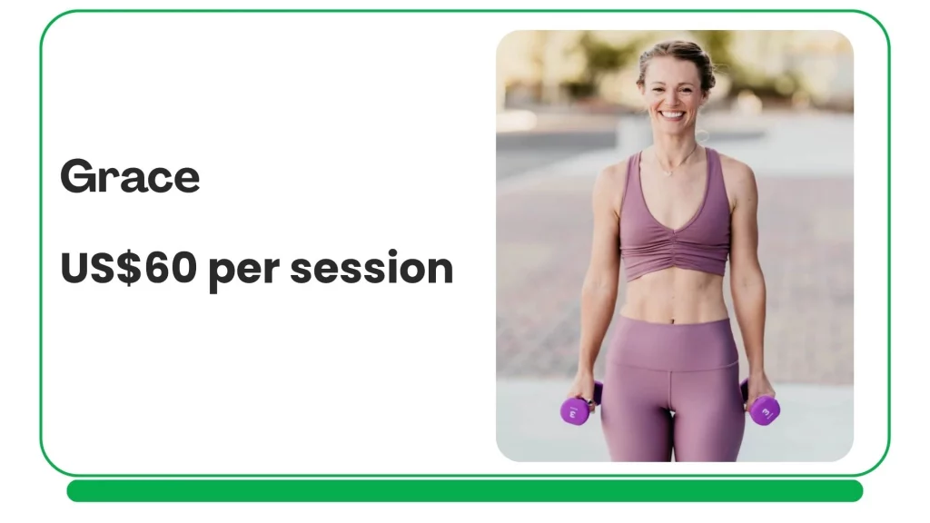 Grace – Personalized Yoga for Sustainable Routines Profile card showing Grace’s private online yoga pricing with one-on-one virtual yoga sessions starting at US$60 per session.
