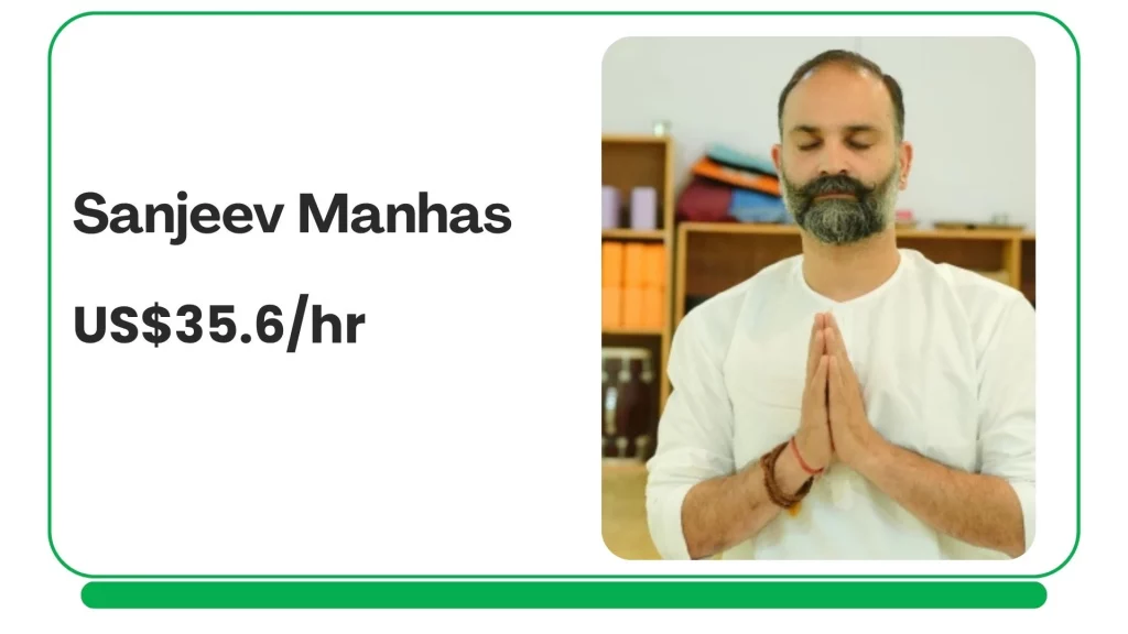 Sanjeev – Traditional Yoga & Mindfulness Profile card showing Sanjeev Manhas offering traditional online private yoga sessions focused on mindfulness, meditation, and breathwork coaching.