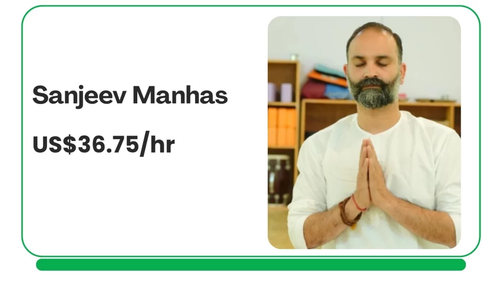 Profile card showing Sanjeev Manhas offering traditional online private yoga sessions focused on mindfulness, meditation, and breathwork coaching.