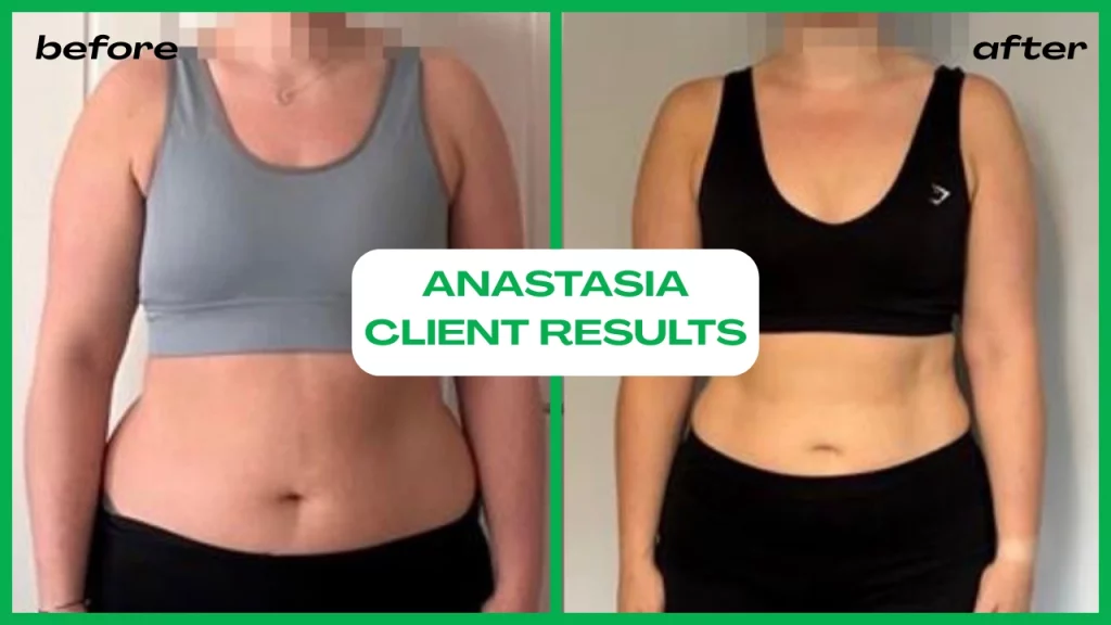 Photo of a client before and after training with online weight loss coach Anastasia.