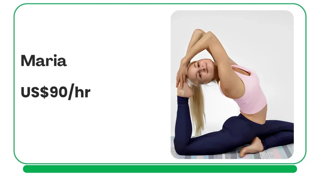 Maria – Structured Yoga for Strength & Balance Profile card showing Maria’s structured online private yoga sessions focused on flexibility, posture improvement, and personalized movement coaching.