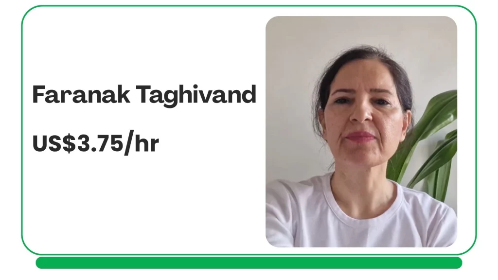 Profile card showing Faranak Taghivand offering gentle online yoga guidance with slower-paced support and beginner-friendly coaching.
