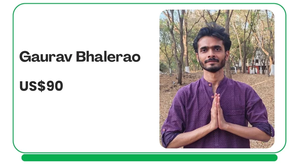 Gaurav – Traditional Ashtanga Yoga Coaching Profile card showing Gaurav Bhalerao offering personalized online private yoga sessions focused on mindfulness, breathwork, and traditional yoga practices.