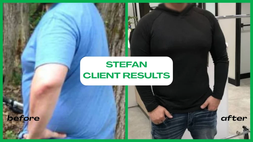 Before-and-after showing a client's changes during Stefan's online weight loss coaching