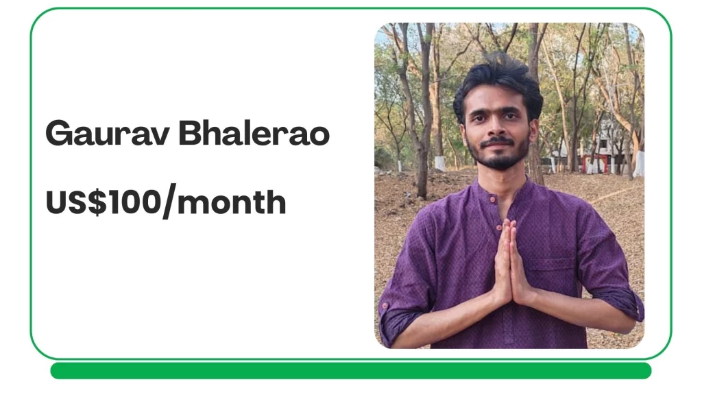 Profile card showing Gaurav Bhalerao offering personalized online private yoga sessions focused on mindfulness, breathwork, and traditional yoga practices.