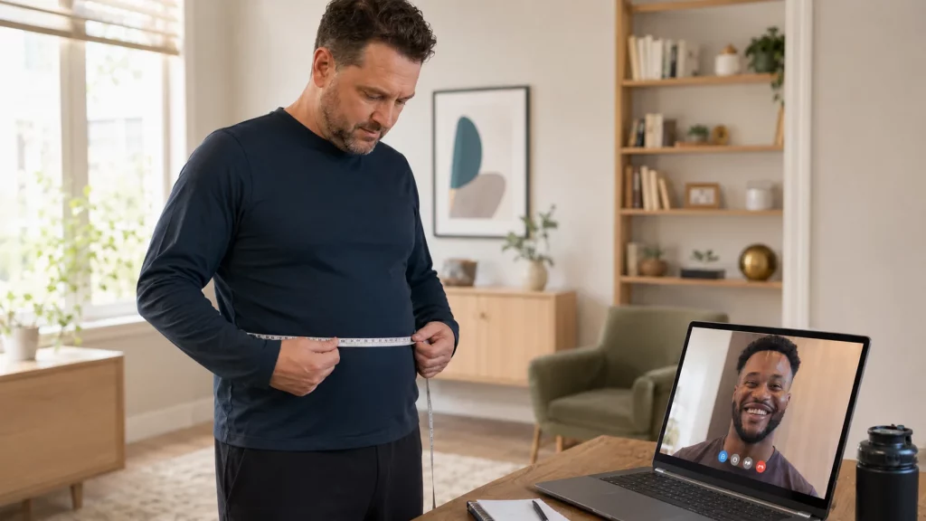 A man measuring his waist and being on a video call with his online personal coach