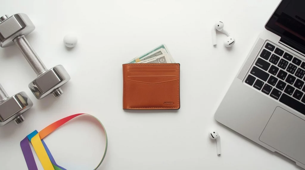 Minimal workspace with dumbbells, laptop, earbuds, resistance bands, and a wallet with cash, representing fitness and online training costs