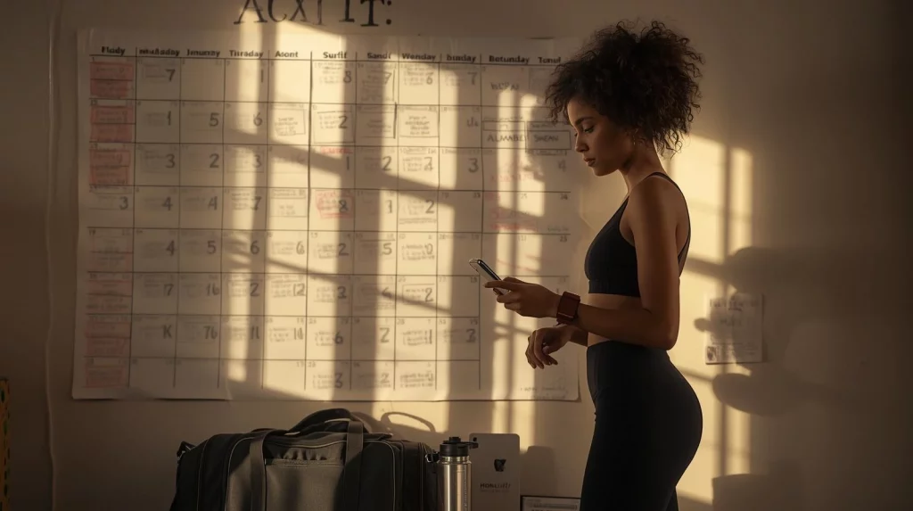 Woman in workout gear checking her phone in front of a weekly schedule, highlighting fitness planning and routine flexibility
