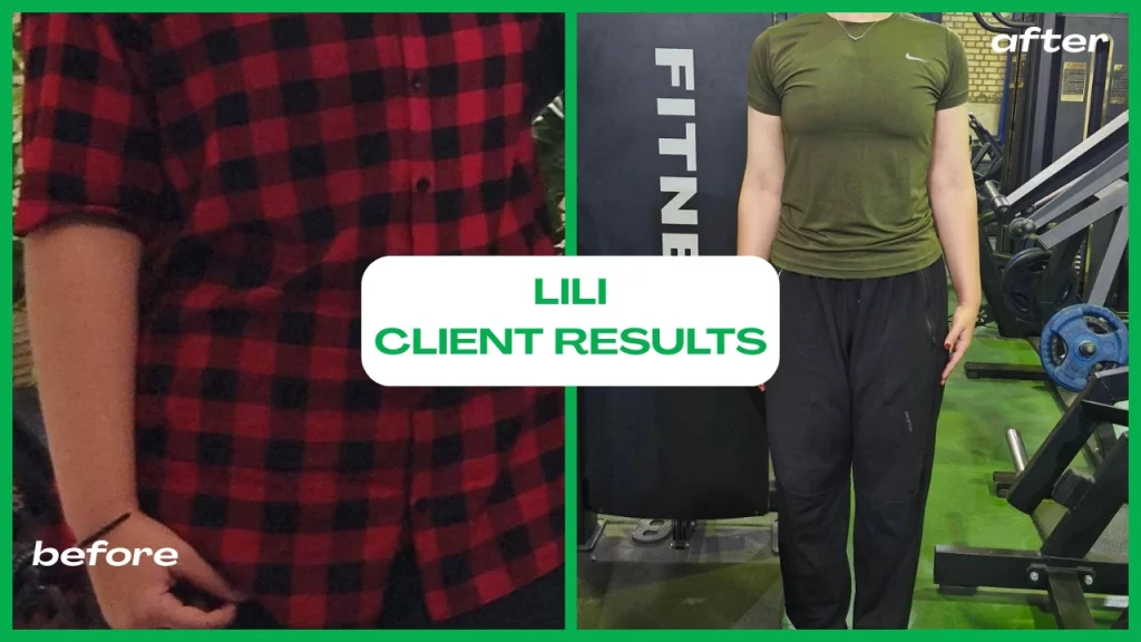 Before-and-after showing a client's progress with online weight loss coach Lili