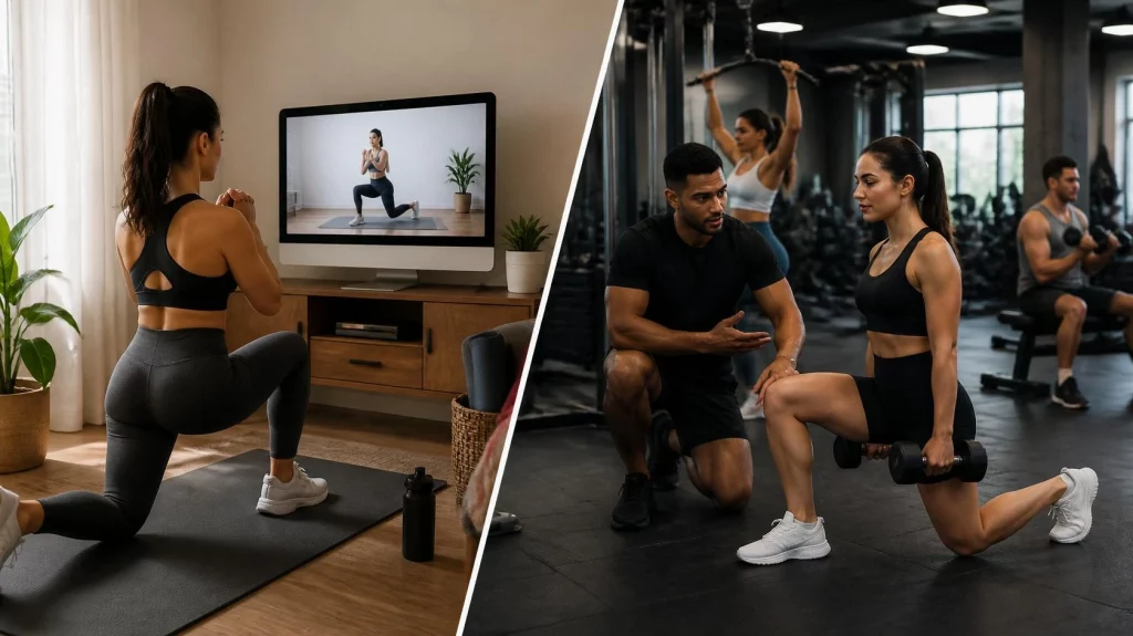 Woman comparing online personal training at home with in-person coaching at a gym while performing lunges.
