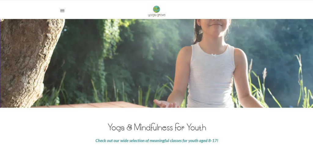 Screenshot of the Yoga Grove website featuring youth yoga classes for teens in Toronto. 