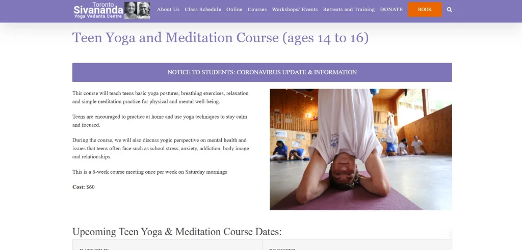 Screenshot of the Sivananda Yoga website featuring teen yoga and meditation classes in Toronto. 