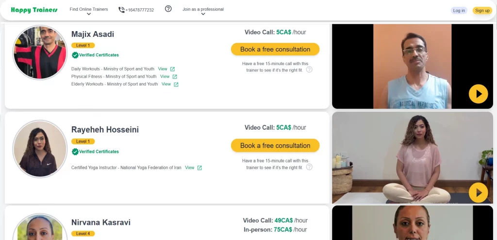 Happy Trainers service page showing certified online trainers with video profiles, hourly rates, and free consultation options.