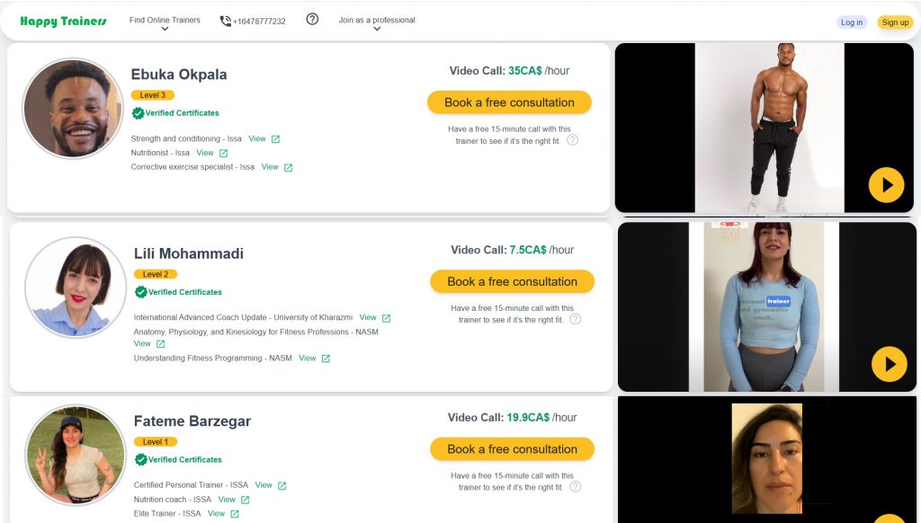 Happy Trainers: For Women Who Want More Personalized Guidance Happy Trainers online personal trainer directory showing certified fitness coaches, hourly rates, free consultations, and trainer introduction videos