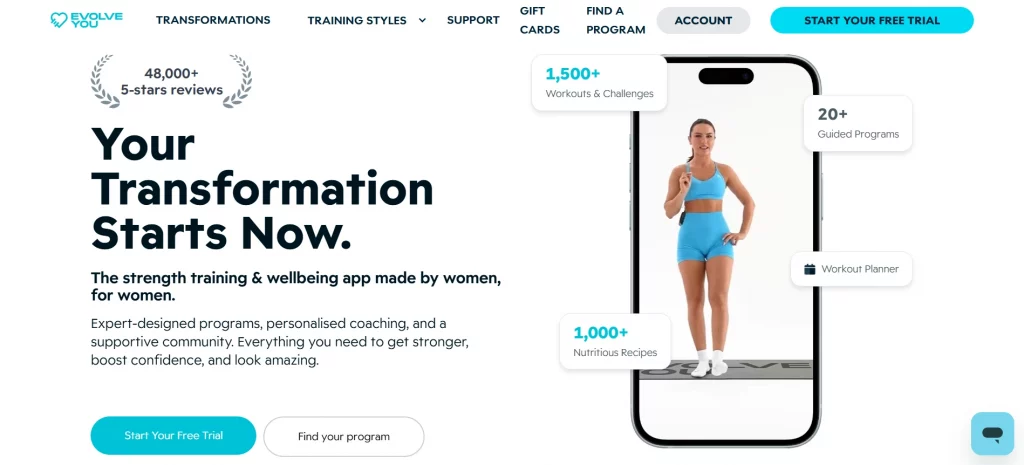 evolve you EvolveYou homepage featured in our guide to the best workout apps for women