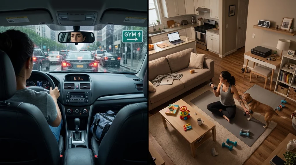 Person commuting to the gym in traffic compared with exercising at home during a busy day, highlighting the gym vs home workout lifestyle trade-off.