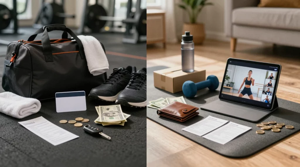 Comparing the costs and setups of gym vs home workouts at a glance.