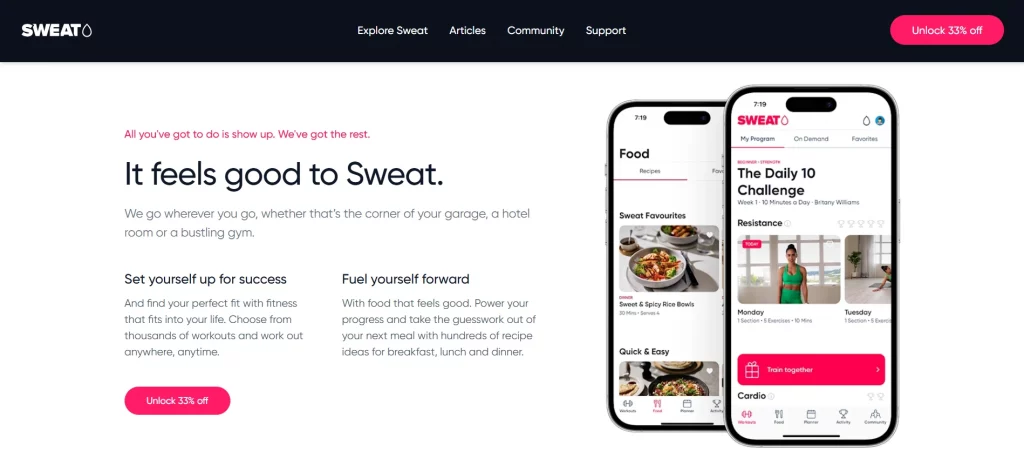 sweat Screenshot of the Sweat website, a popular fitness app for women