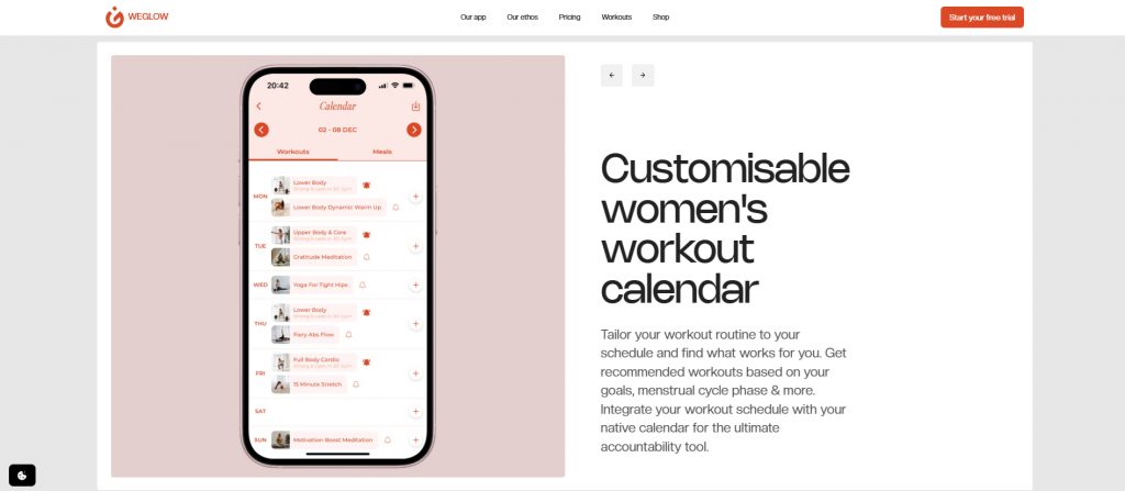 weglow WeGLOW women's workout app with a customizable workout calendar and wellness features