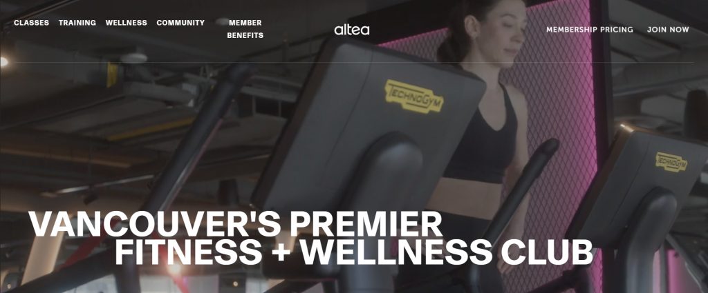 Altea Active official homepage showcasing its fitness facilities in Vancouver