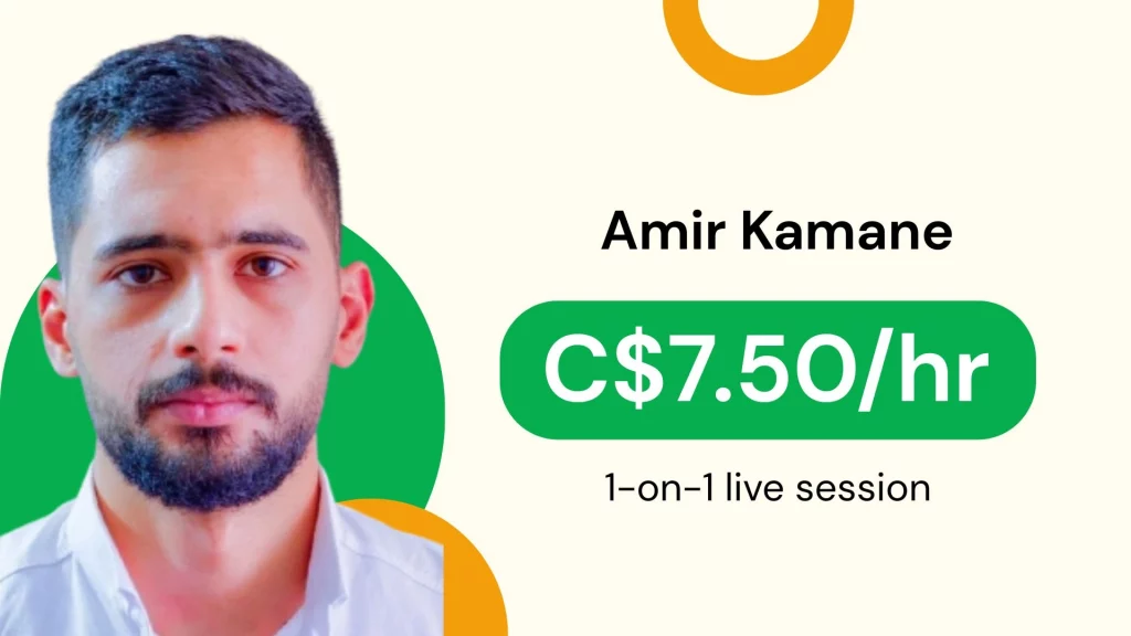 Amir Kamane Online personal trainer profile card featuring Amir Kamane with hourly rate and 1-on-1 live training session details