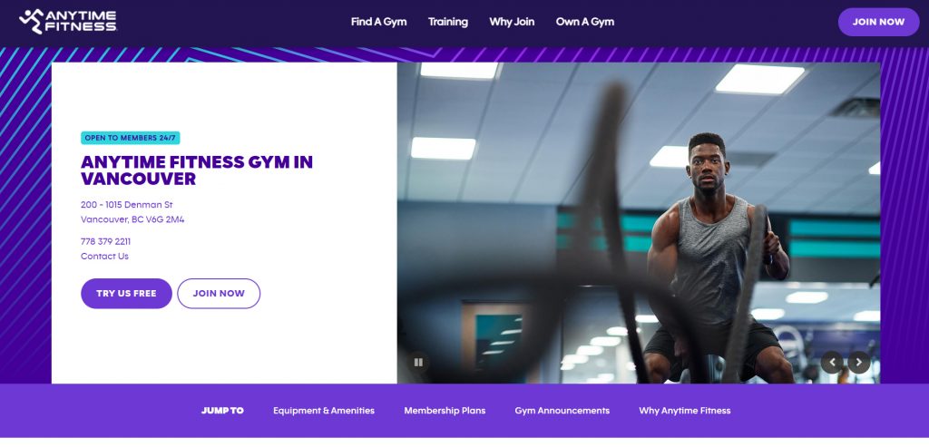 Anytime Fitness official homepage showcasing its gym facilities in Vancouver