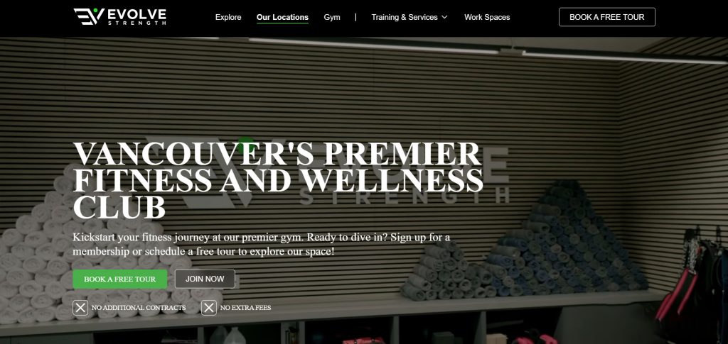 Evolve Strength official homepage showcasing its gym facilities in Vancouver
