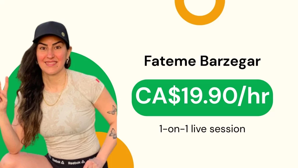 Fateme Barzegar Online personal trainer profile card featuring Fateme Barzegar with hourly rate and 1-on-1 live training session details
