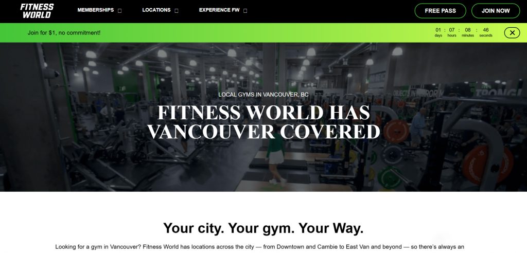 Fitness World official homepage showcasing its gym facilities in Vancouver