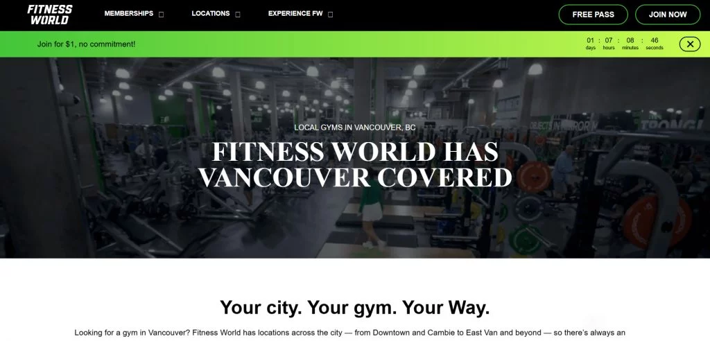 Fitness World Fitness World official homepage showcasing its gym facilities in Vancouver