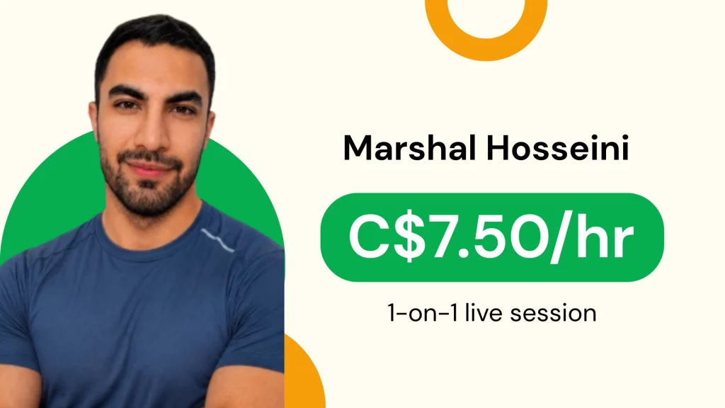 Marshal Hosseini Online personal trainer profile card featuring Marshal Hosseini with hourly rate and 1-on-1 live training session details