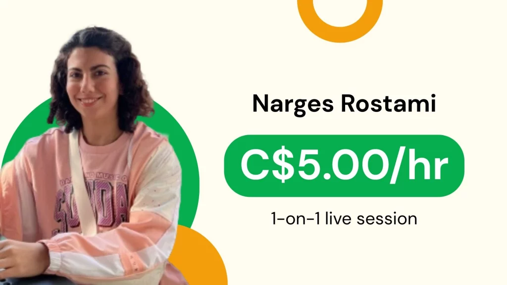 Narges Rostami Online personal trainer profile card featuring Narges Rostami with hourly rate and 1-on-1 live training session details