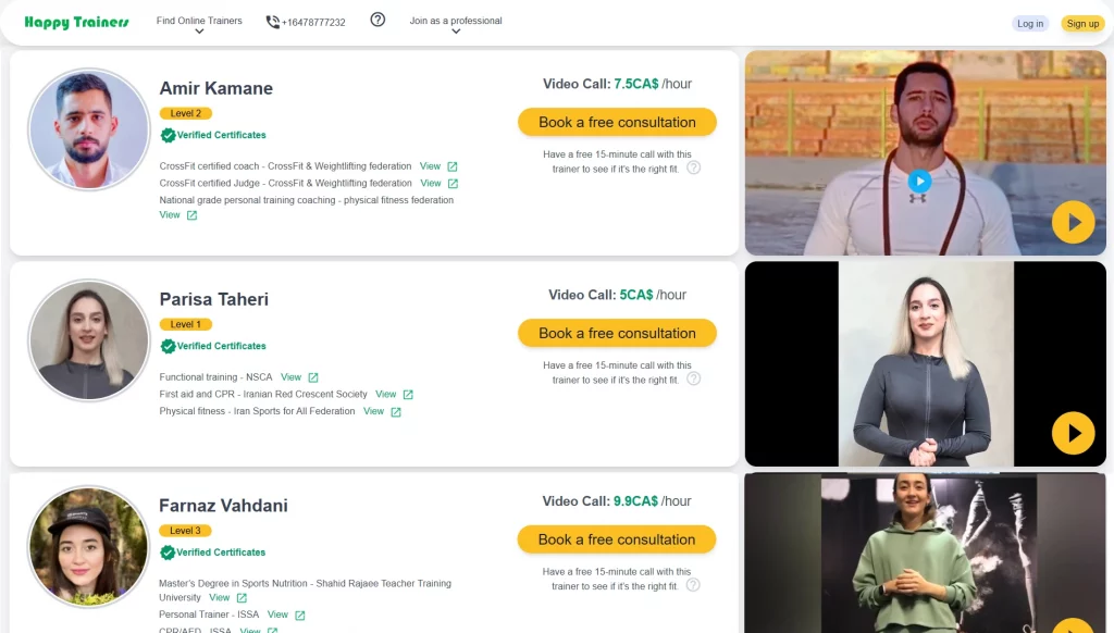 Affordable online personal trainers with profiles, prices, and certifications on Happy Trainers