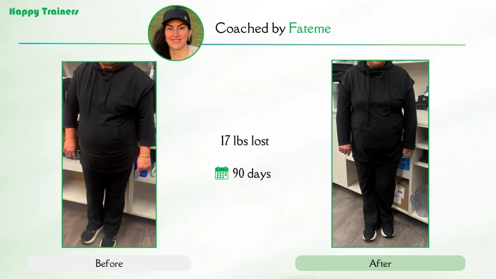 Fateme’s client before and after weight loss transformation with online personal training 