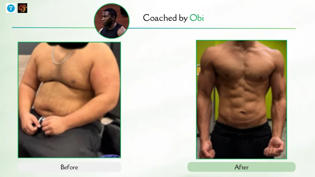 Obi’s client before and after weight loss transformation with online personal training 