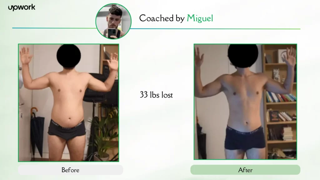 Miguel’s client before and after weight loss progress with structured online personal trainer for weight loss​