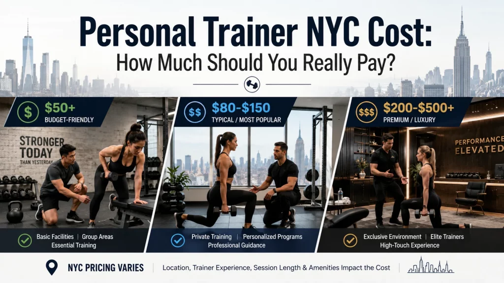 ChatGPT Image Aug 5, 2026, 07_50_43 PM Personal Trainer NYC Cost infographic showing budget-friendly, typical, and premium personal training price ranges in New York City