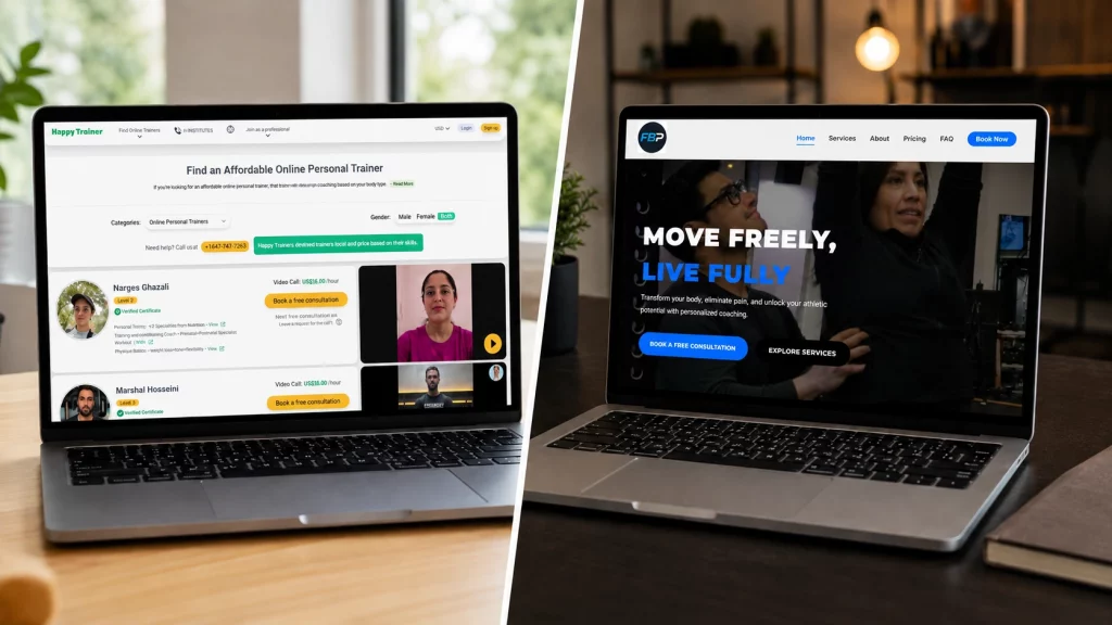 Personal Training Option Comparing online personal training platforms with Happy Trainers and a virtual coaching service shown on laptops