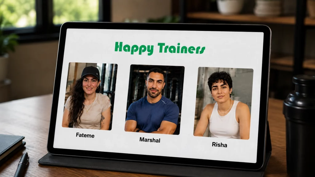 Three Happy Trainers coaches shown with their profiles for online personal training for weight loss 