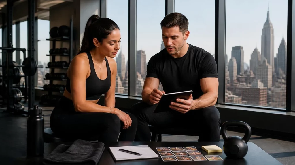 width_1680 Personal trainer in NYC reviewing a personalized fitness plan with a client in a modern gym